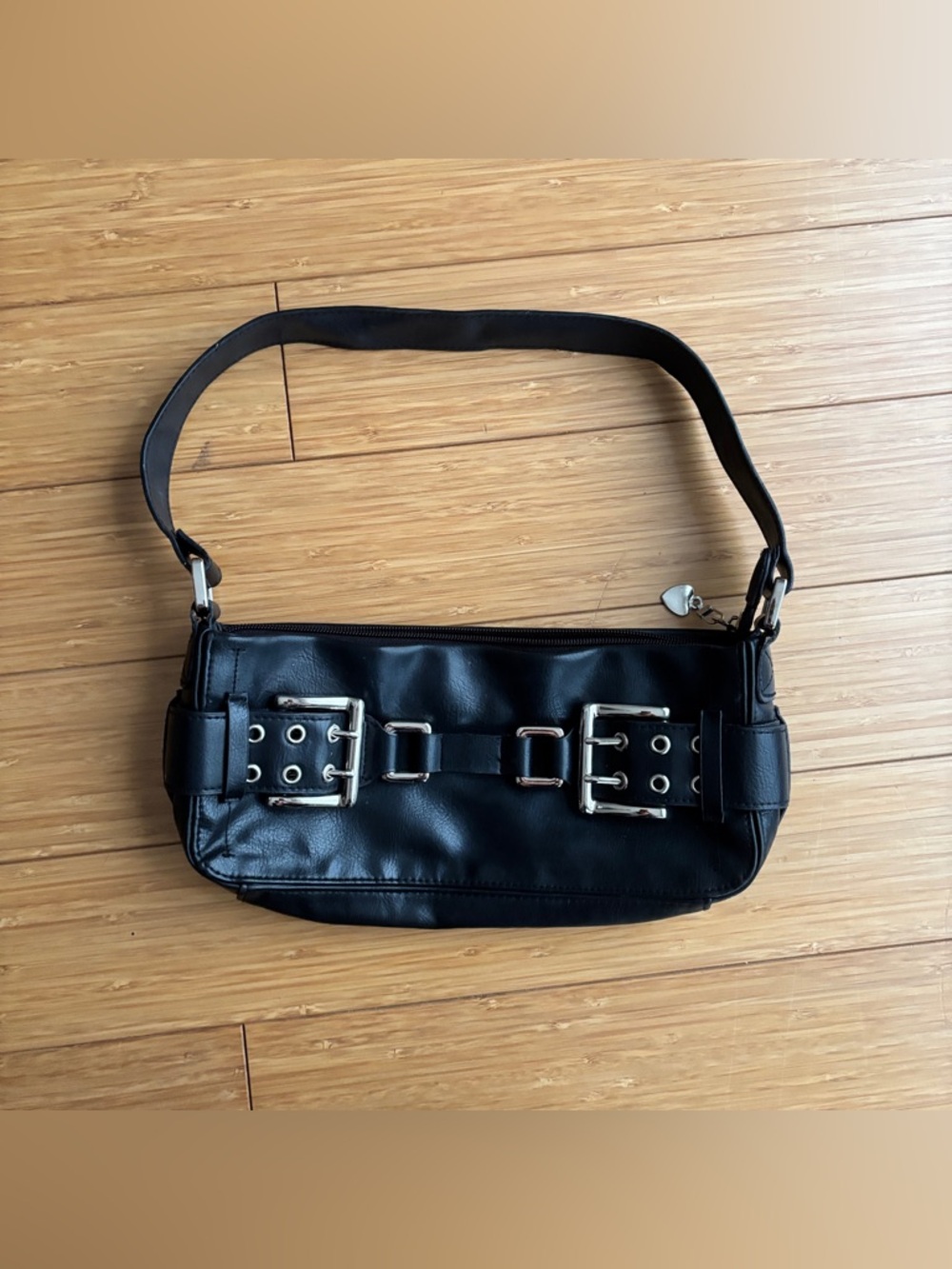 Y2K black faux leather silver buckle shoulder bag